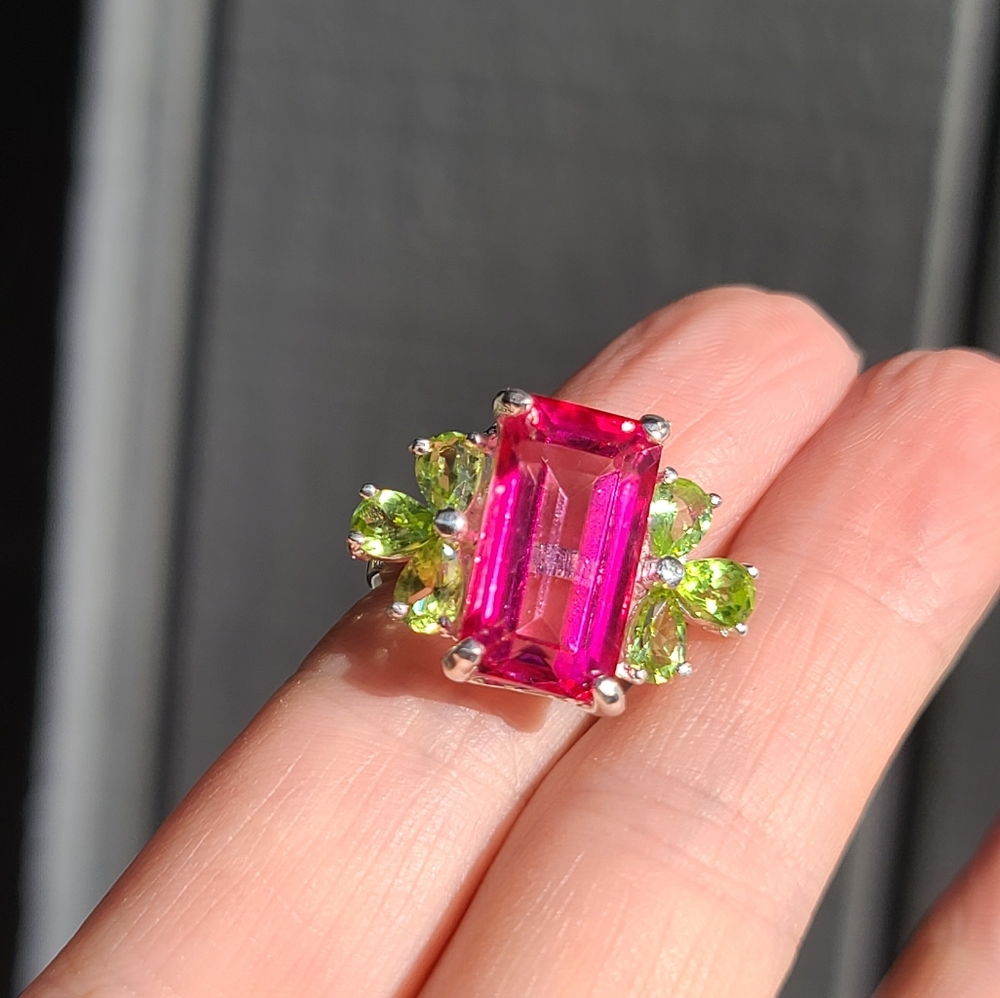 Pink Topaz massive 8k emerald cut with pear shape Peridot sterling ring sz 8 - Picture 17 of 17
